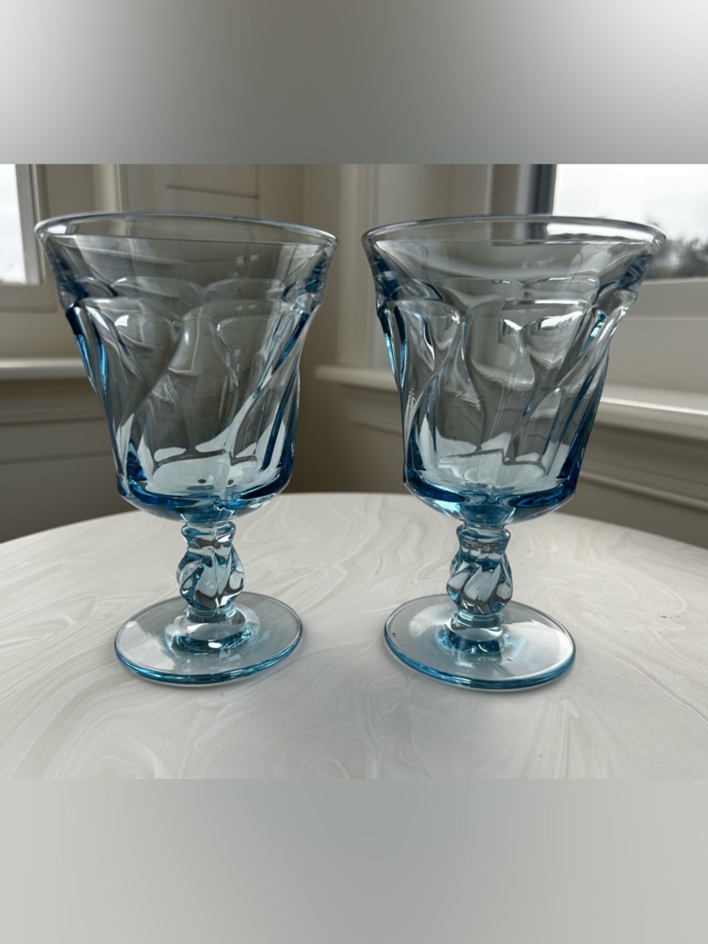 Vintage Set Of 2 MCM Fostoria Jamestown Blue Iced Tea Water Footed Swirl Goblets